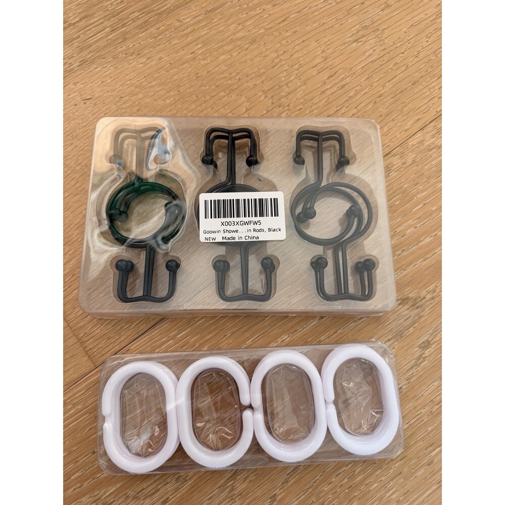 Bundle 2 Sets Black Metal & Plastic Shower Curtain Rings Hooks Bathroom C Shape
